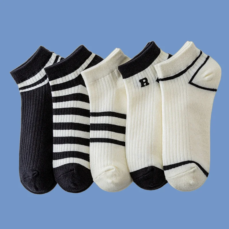 

5/10 Pairs Simple Sports Socks Black And White Stripes Versatile Breathable Pure Cotton Shallow Mouth Causal Short Socks