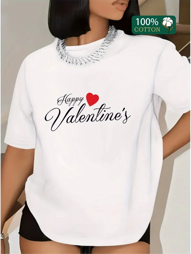 المرأة Y2K ريترو عيد الحب تي شيرت القطن عارضة تي شيرت يتميز عيد الحب سعيد نمط القلب جولة الرقبة قصيرة الأكمام