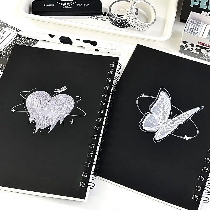 Black White Simple A5 Notebook Butterfly Pattern Coil Notepad Vintage Aesthetic Stationery Student Sketchbook School Supplies