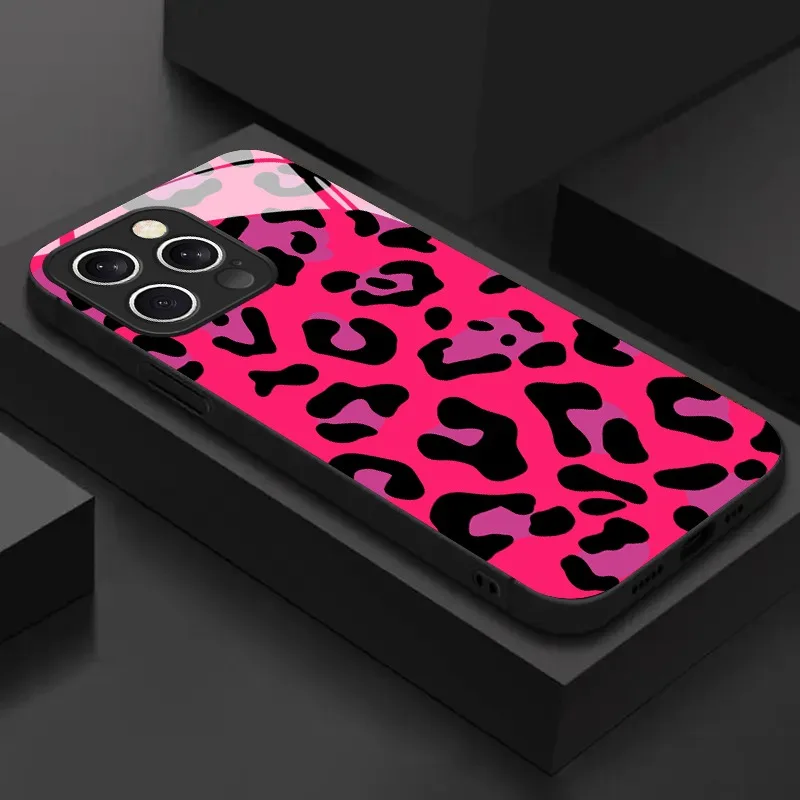 

New Pink Leopard Print Tempered Glass Phone Case For iPhone 17 16 15 14 Pro Max 13 12 11 Pro 16E 17Air 7 8 Plus XR XS X Cover