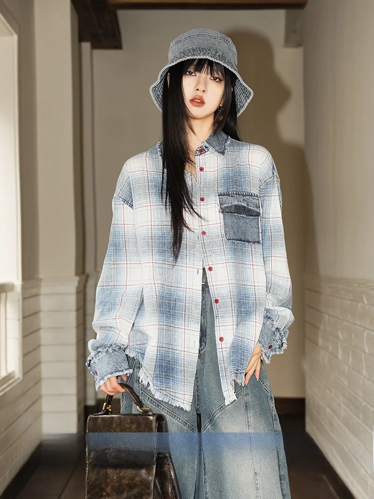 

Retro Waed Plaid Long Sve Denim irt Women's Spring Summer Thin Outerwear Sun Protection Casual Loose Fit Cotton irt