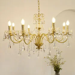 French Retro Crystal Pearl Chandeliers Luxurious Brass Villa Living Dining Candle Pendant Lights Lighting Bedroom Lustre Lamps
