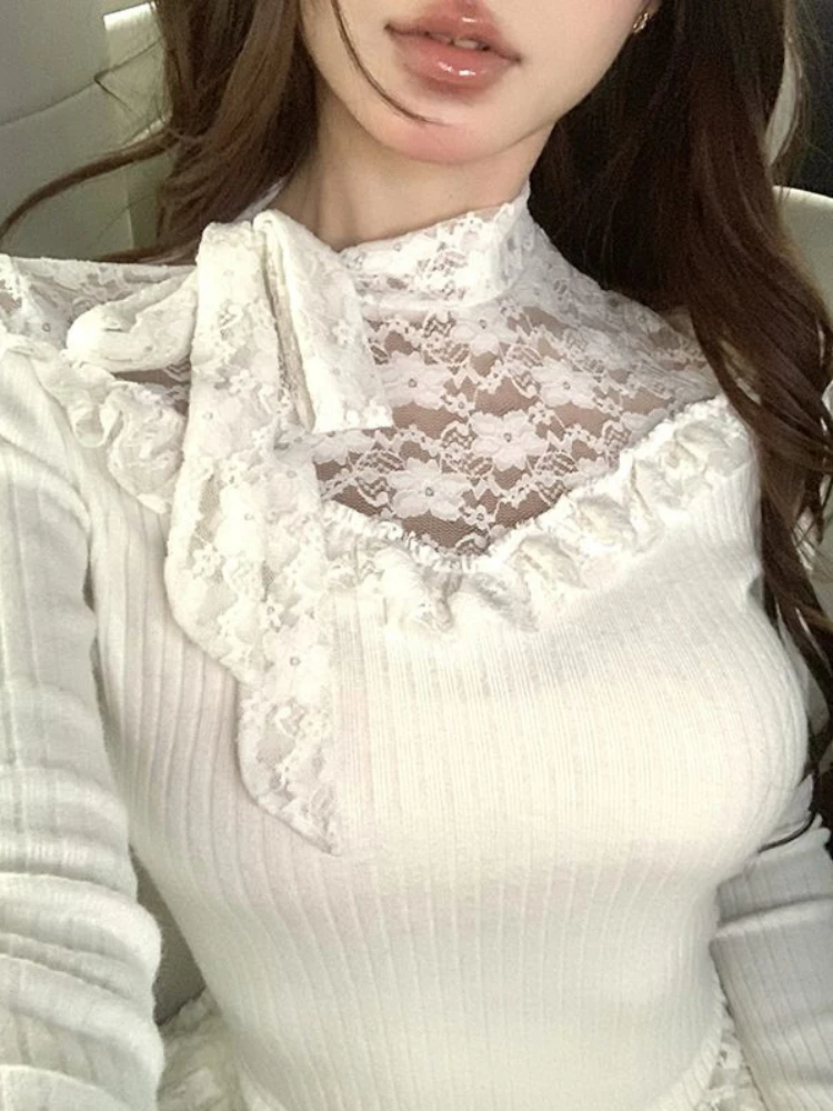 Y2k Lace Women Sweater See Through Vintage Harajuku Korean Fashion Knitted Pullovers Gyaru Sweet Slim Autumn Winter New