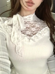 Y2k Lace Women Sweater See Through Vintage Harajuku Korean Fashion Knitted Pullovers Gyaru Sweet Slim Autumn Winter New