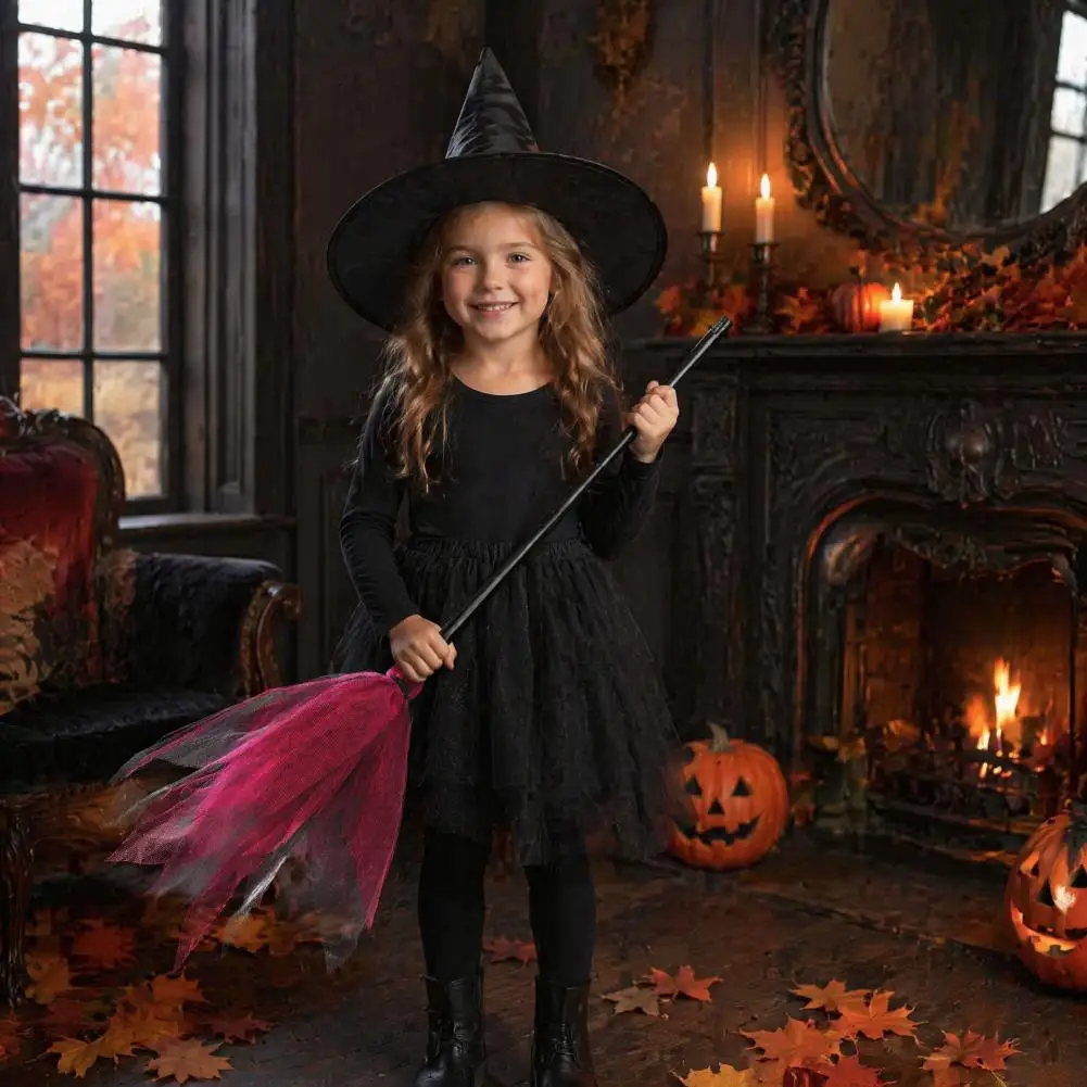 Broomstick Halloween Witch Broom Prop with Detachable Mesh Crooked Ruched Hat Costume Haunted House Decoration Party for Kids