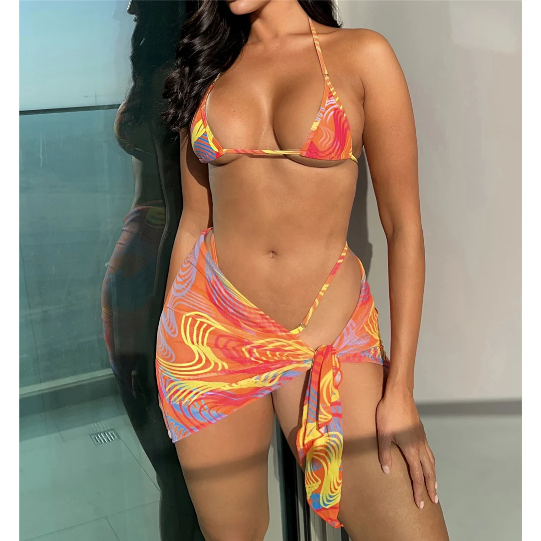 Neuer bedruckter Mini-Micro-String-Bikini mit Sarong, Damen-Badeanzug, dreiteiliges Bikini-Set, Badebekleidung, Badeanzug V4608 – Detail 12