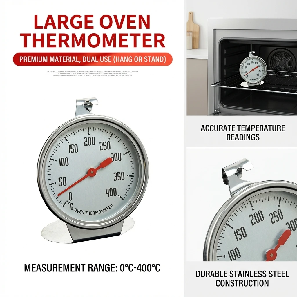 Edelstahl-Ofenthermometer 0-400 ° C Großes Zifferblatt – zum Aufhängen oder Aufstellen für Backen, Grillen, Kochen, Messen der Temperatur von Fleisch und Lebensmitteln – Detail 2