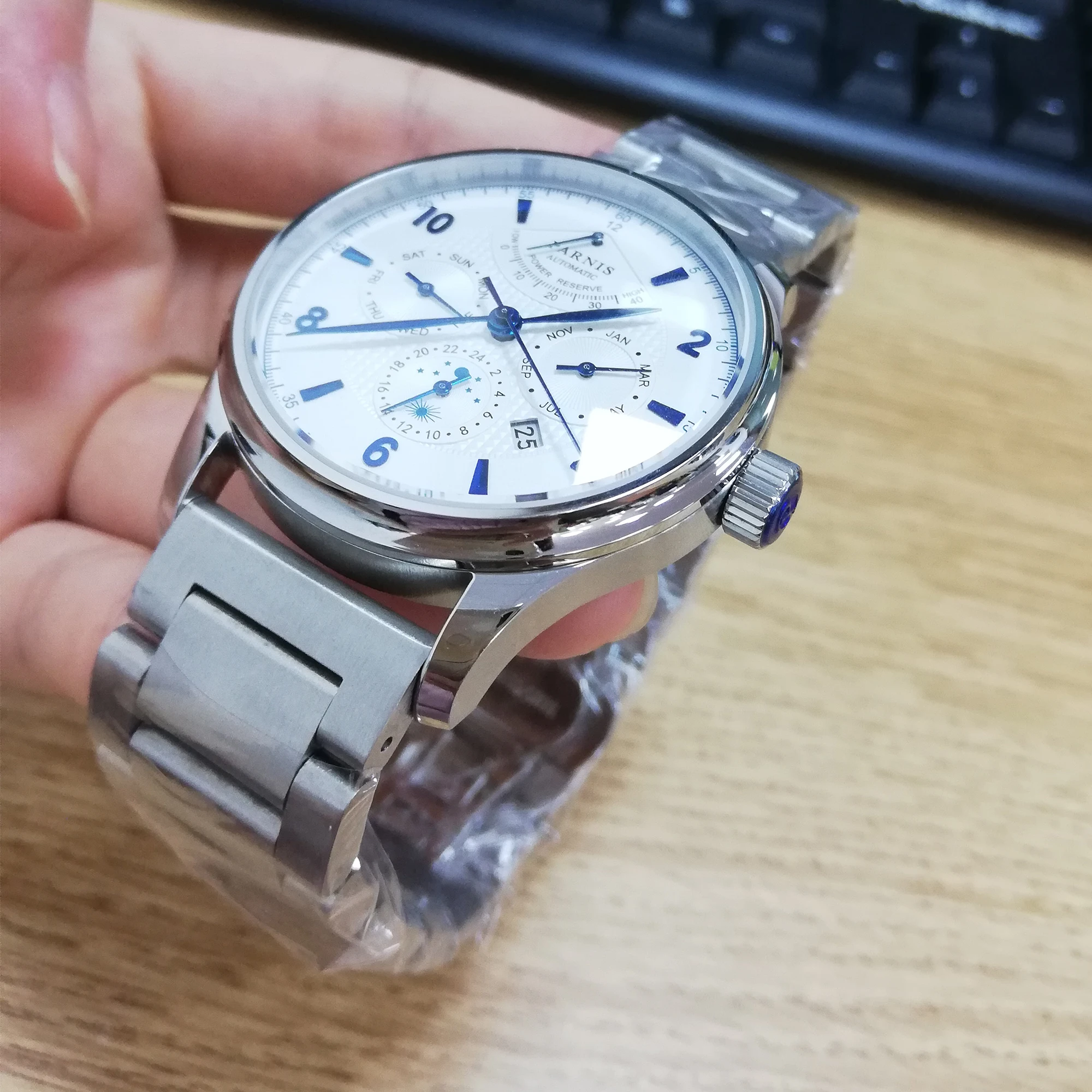 Parnis 43mm Automatic Mechanical Men Watch Moon Phase Power Reserve Miyota 9100 Movement Silver Stainless Steel Bracelet Watches
