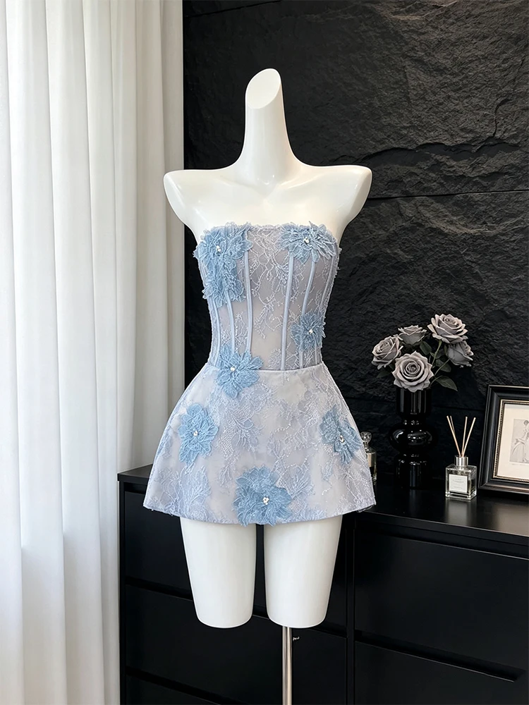 

Elegant Embroidered Lace Bustier Dress Women's Fashion Slimming A-Line Skirt Ball Gown Short Dress No Sleeve Polyester Fiber