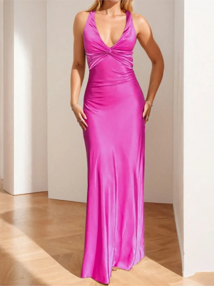 Sexy Elegant Party Long Dress Fashion Summer Solid Color V-Neck Halter Neck 2026 Backless Vestidos Sleeveless Beach Maxi Dresses view 5