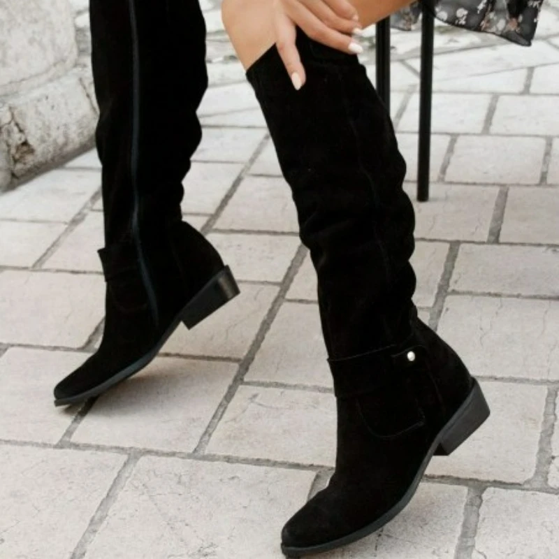 Women's Boots Suede Mid-Calf Boots Low Heel Side Zip Women Casual Shoes Autumn Winter Knee High Boot Retro Plus Size Long Boots