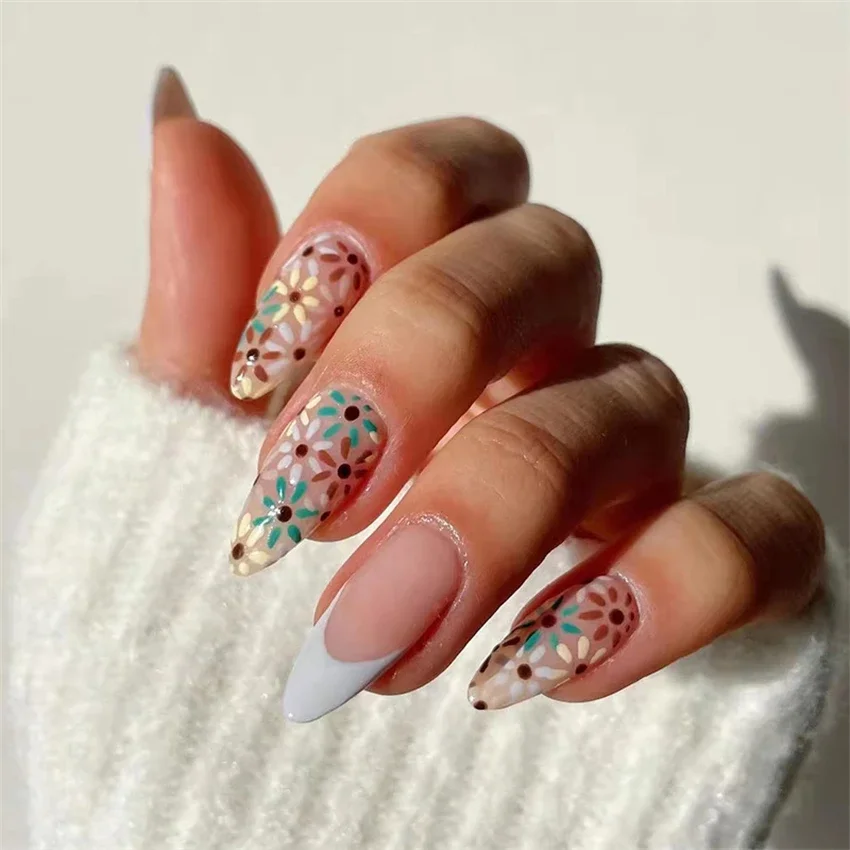 24Pcs/Set French Round Head Fake Nails Tips Color Printing Dots Diamonds Wearing False Nails White Removable Press on Nail Art 5