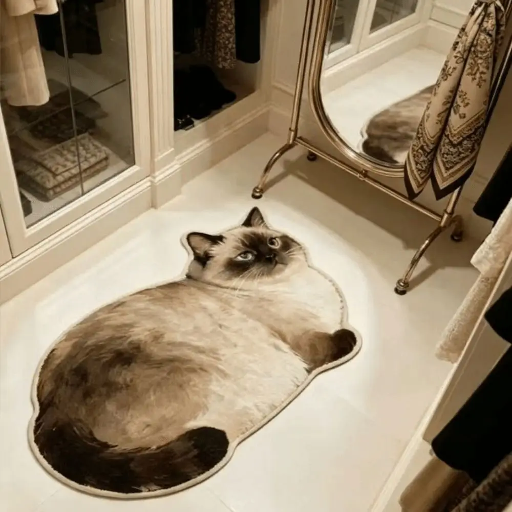 Soft Surface Cat Shape Floor Mat 2D Printed Cute Outline Crystal Velvet Rug Low Profile Easy Clean Animal Area Rug Bedside Floor