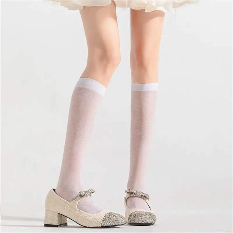 195E hasta rodilla para mujer, rejilla, calcetines hasta rodilla transparentes florales