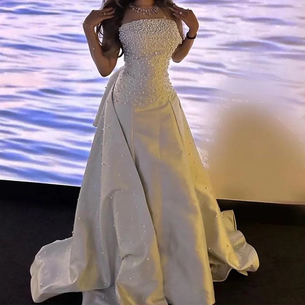 Customized Exquisite Satin A-Line Pearls Evening Dress High Quality Floor Length Strapless vestidos para mujer