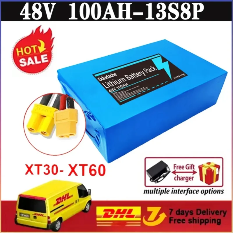 48V 100ah 13s8p Lithium-Ionen-Akku, 48V 10000mAh 2000W Elektroakku, integriertes 50A BMS + R18650% Ladegerät, Original-Akku
