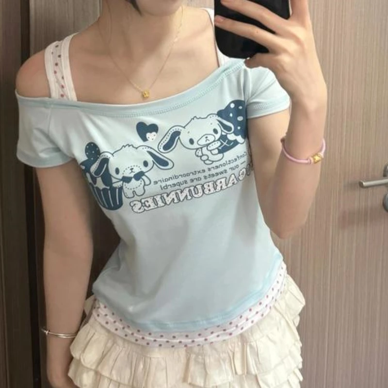 かわいいシュガーバニー Y2k 服夏かわいい偽 2 Tシャツ日本のサブカルチャープリント Tシャツ甘いかわいい原宿クロップトップス