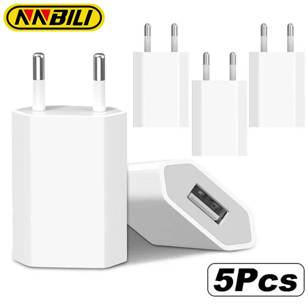 NNBILI 2-5PCs 5V 1A Eu AC Home Travel USB Wall Charger For IPhone 6 7 8 x xr 11 12 13 14 Samsung Xiaomi Huawei android phone