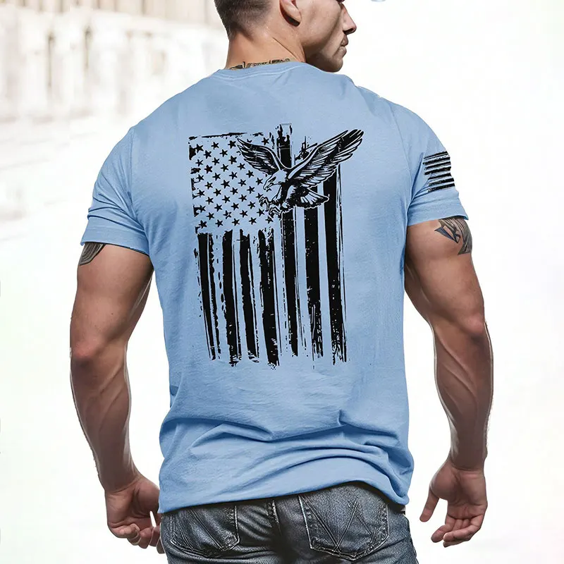 2024 New Men's Round Neck T Shirt Eagle Flag Printed T-Shirt Tops Summer Men's Sports Big Size Clothing Fitness Short Sleeve