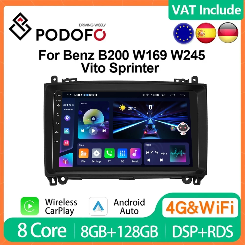 Podofo CarPlay Android Car Radio For Mercedes Benz B200 Sprinter W906 W639 Class W169 W245 Multimedia Player 2din 4G Head Unit