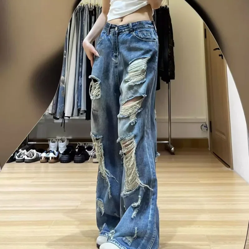 

American Retro Blue Ripped Jeans Men's Summer New High Waisted Loose Fit Slimming Wide Leg Pants Female Clothing