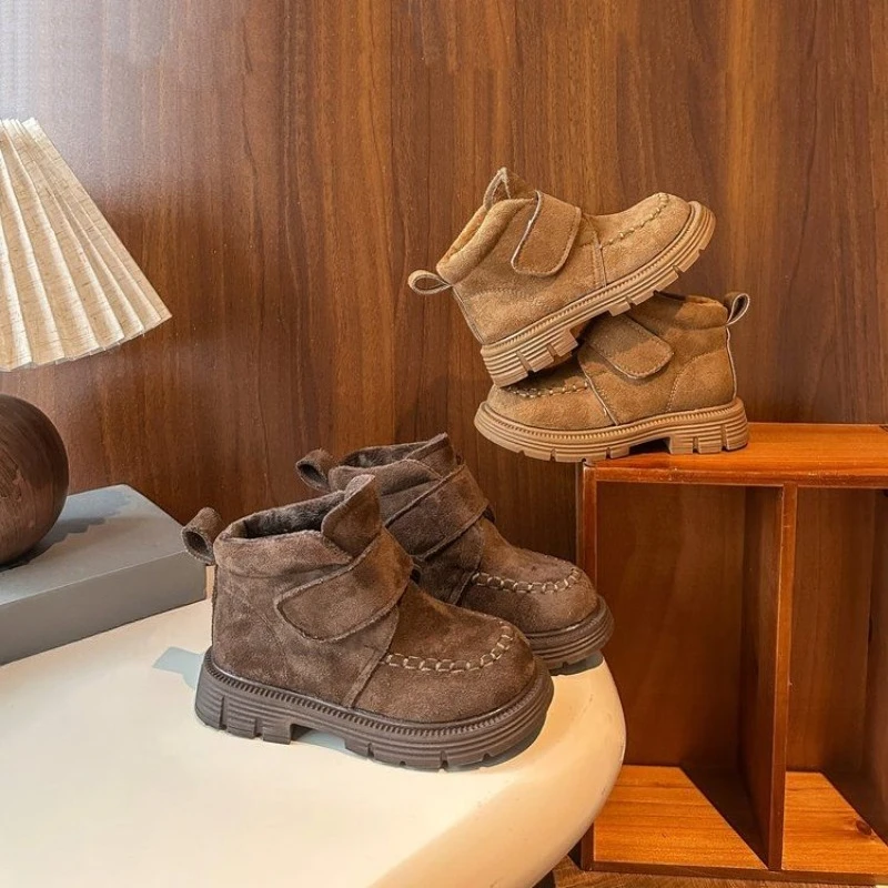 Kids British Style Winter Boots 2026 Genuine Leather Suede Lined Ankle Boots for Boys and Girls Thick Sole Non Slip Short Boots