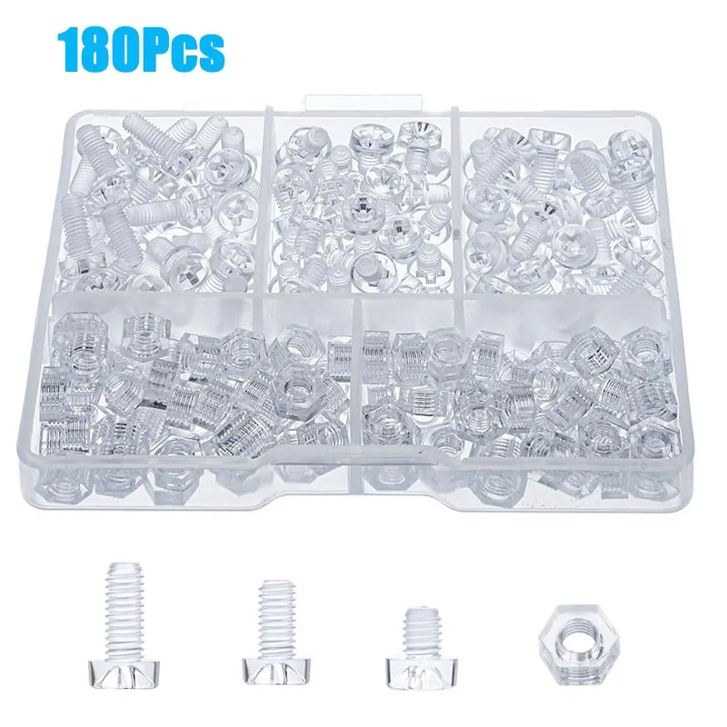 180Pcs PC Transparent Plastic Screw and Hexagonal Nuts Kit Cross Head Round Head Screws M3*4/6/8mm Corrosion-Resistant for DIY