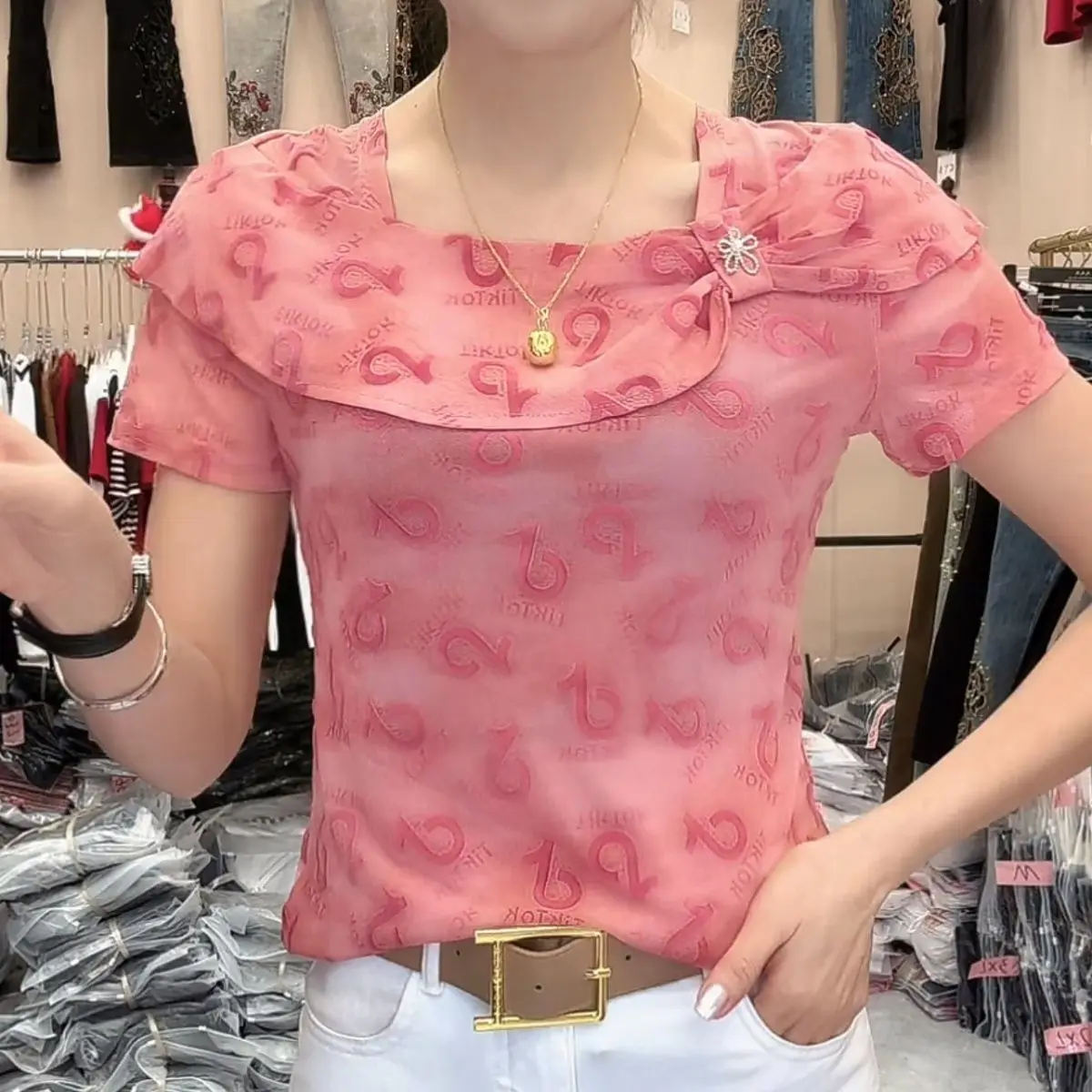 

Summer New One-Shoulder Printed Mesh Versatile Top