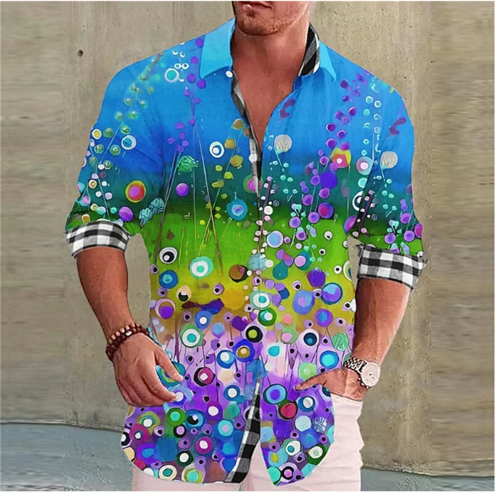 Fashionable Men's Long Sleeved Lapel Colorful Flower Design Casual Shirt Soft Comfortable Silky and Smooth Trendy Men's Shirt