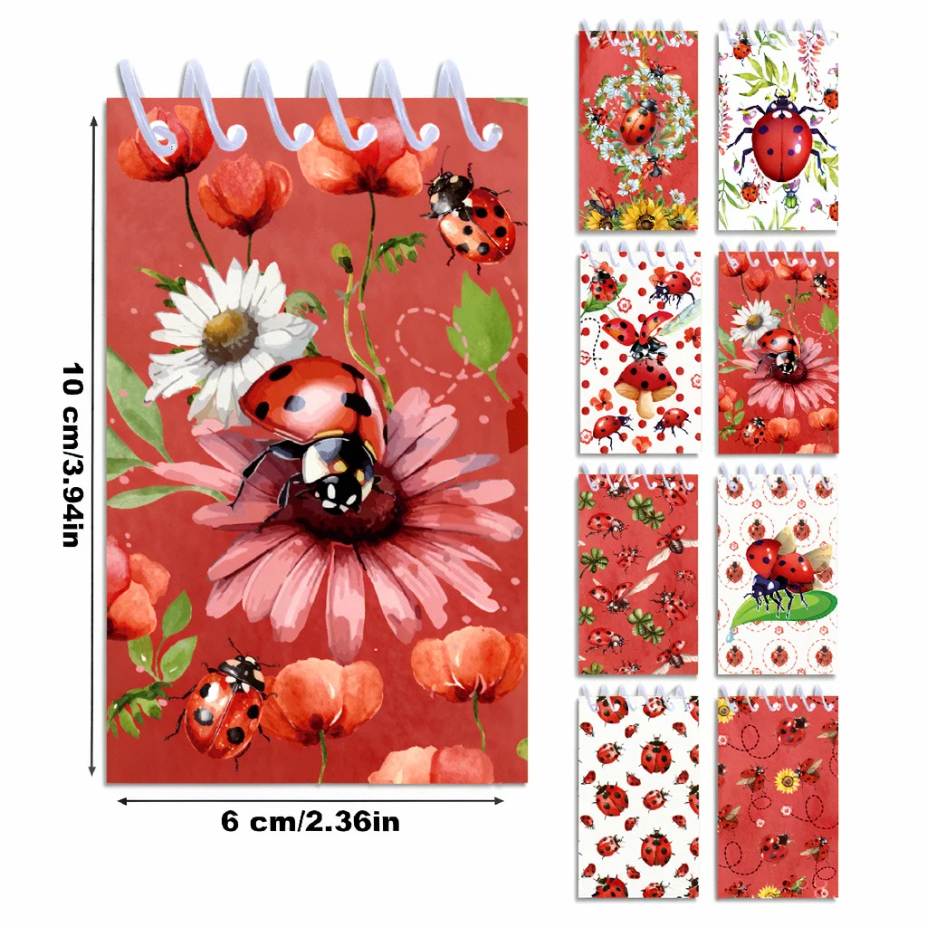 8pcs Ladybug Spiral Notebook Portable Pocket Journal Tear-Off Notepad Insect Themed Diary Travel Office School Supplies
