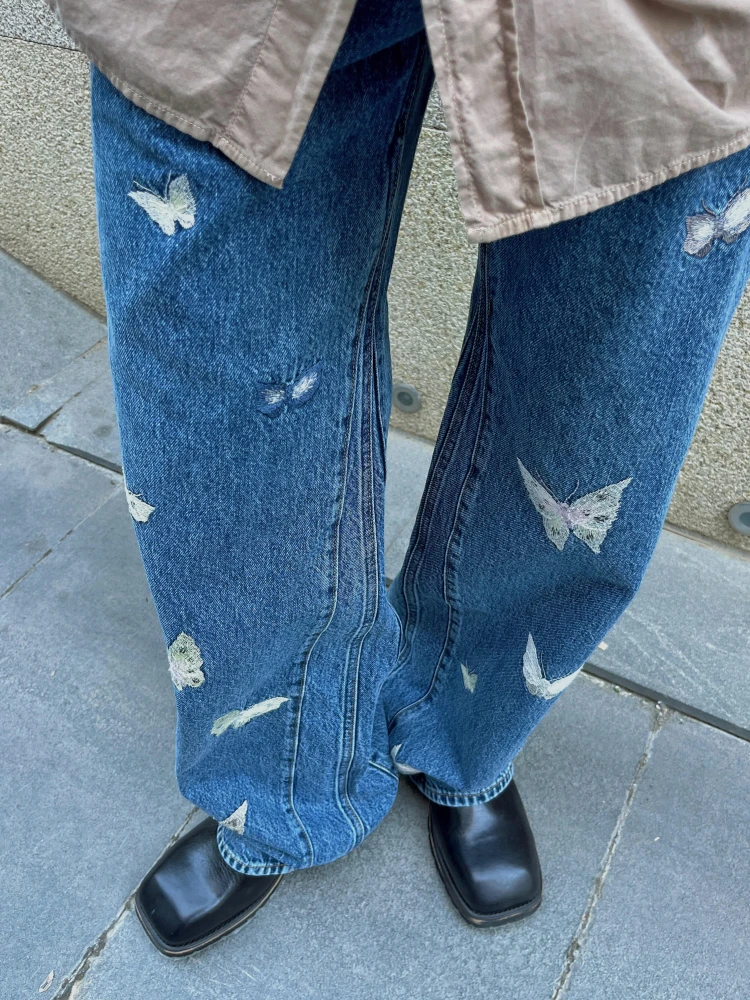 Nuevo 25SS Indigo bordado de mariposa plones vaqueros de pierna ancha hombres mujeres Casual cómodo transpirable plon...