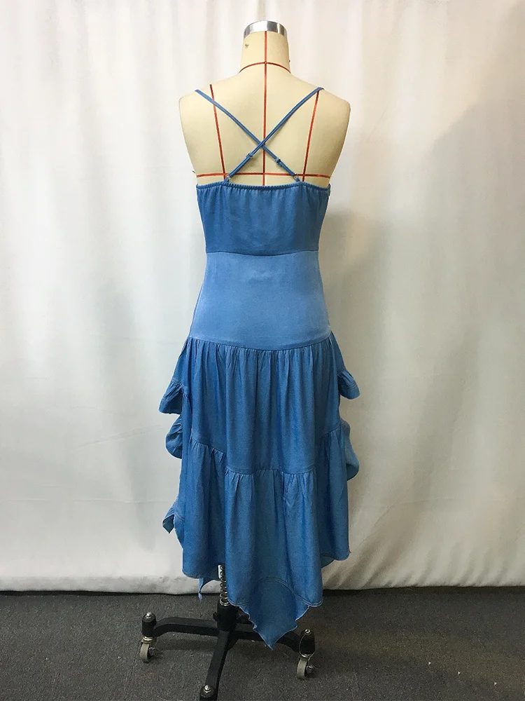 Spaghetti Strap Irregular Ruffle Sexy Long Dress Women Fashion V Neck Sleeveless Backless Slim Fit A-line Holiday Party Dresses