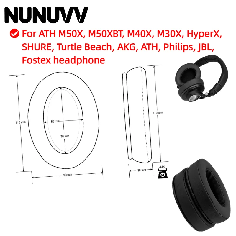 

NUNUVV Ear pads for ATH M50X, M50XBT, M40X, M30X,for HyperX, for SHURE, for Turtle Beach, for AKG Headset Earphone Sleeve