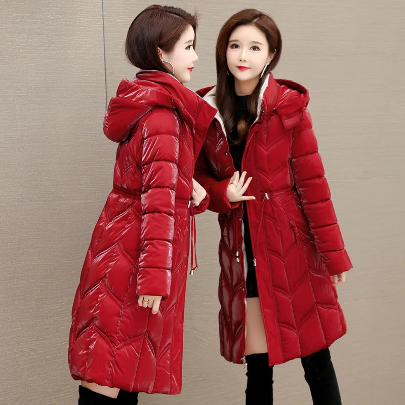 

Глянцевая женская зимняя хлопковая куртка на шнуровке со съемным капюшоном, тонкое стеганое пальто для женщин, длинное женское пальто в Instagram-стиле