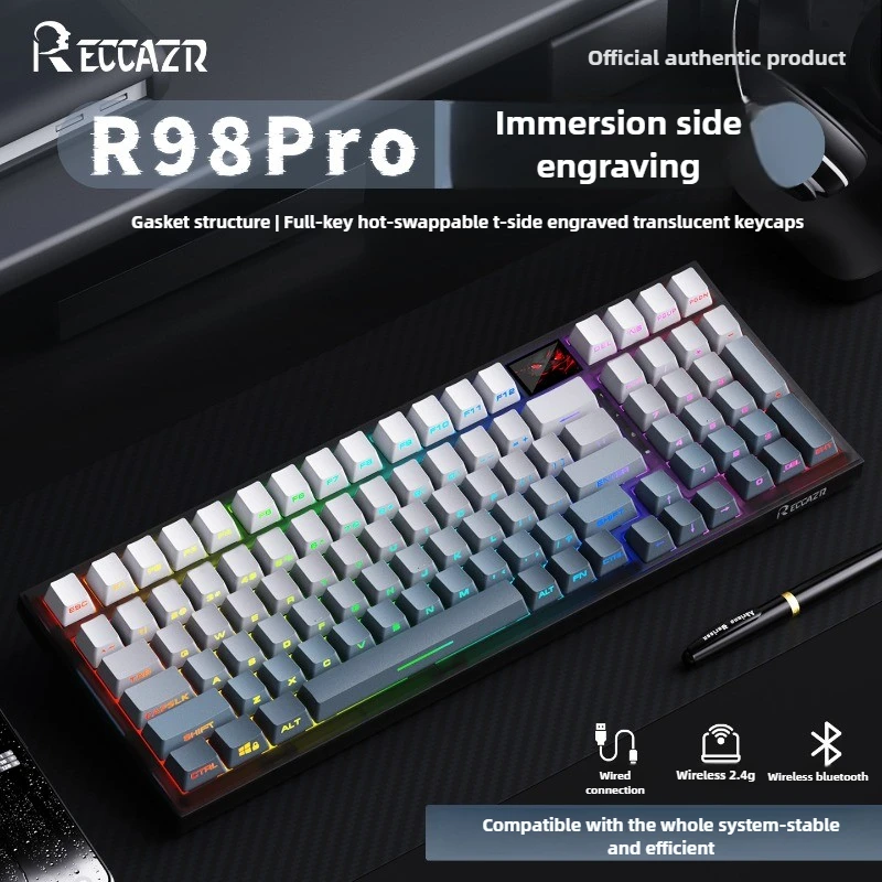 

RECCAZR R98Pro Беспроводная механическая клавиатура, трехрежимная, 98 клавиш, с возможностью горячей замены, эргономичный экран «сделай сам», индивидуальная игровая клавиатура, подарок