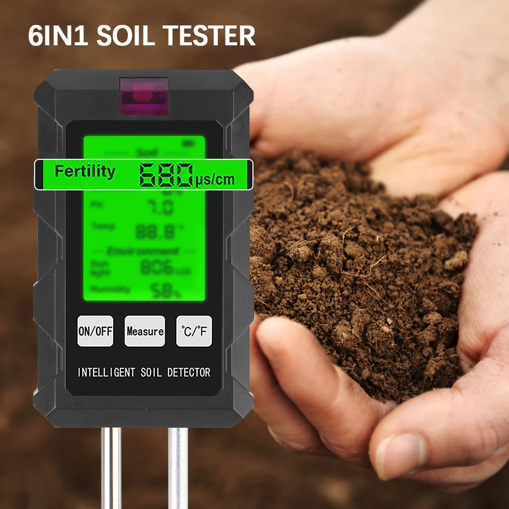 PH درجة الحرارة الرطوبة ضوء الشمس الهواء الرطوبة المغذيات الخصوبة متر أداة اختبار التربة أداة البستنة متعددة الوظائف 6 في 1