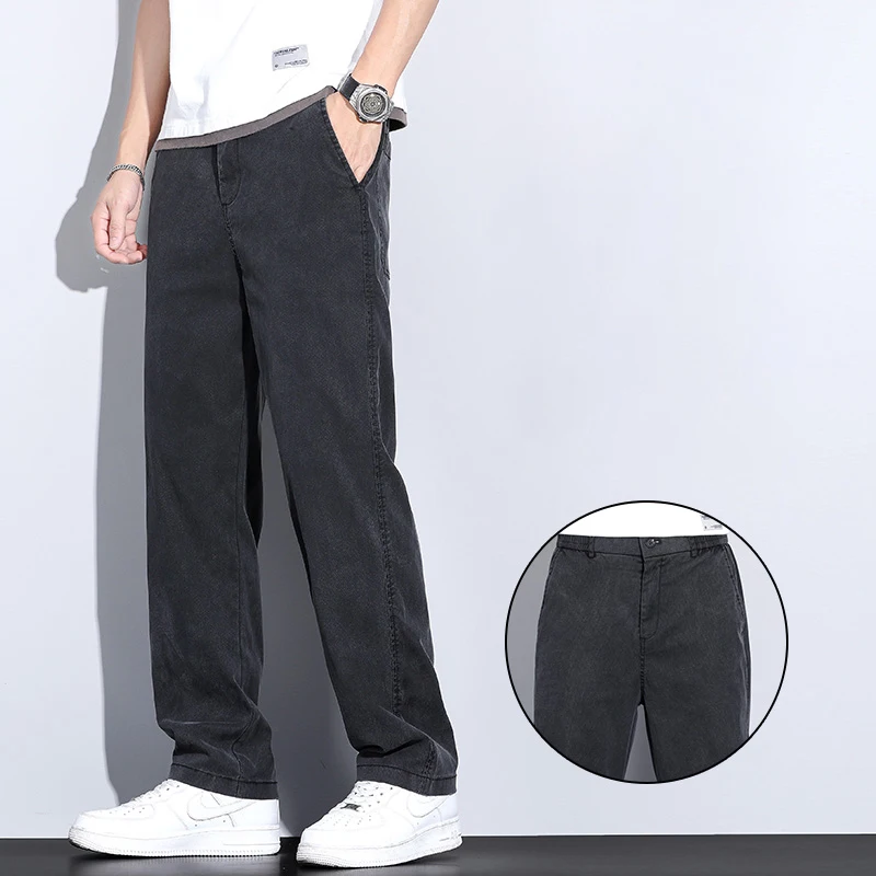 Pants Male Lyocell Casual Pants Ultra-thin Elastic Waist for Men Summer Elastic Straight Leg Loose Comfortable Casual Long