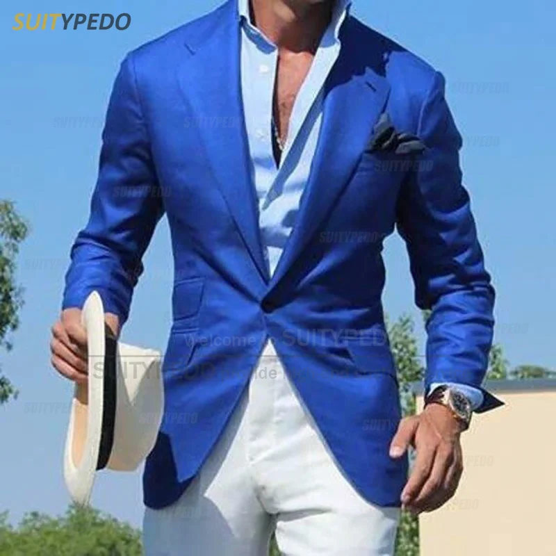 Blazers azul real para hombre, chaqueta de traje ajustada a la moda con 1 botón, solapa de muesca Formal clásica, abrigo de boda de negocios para graduación, 1 pieza