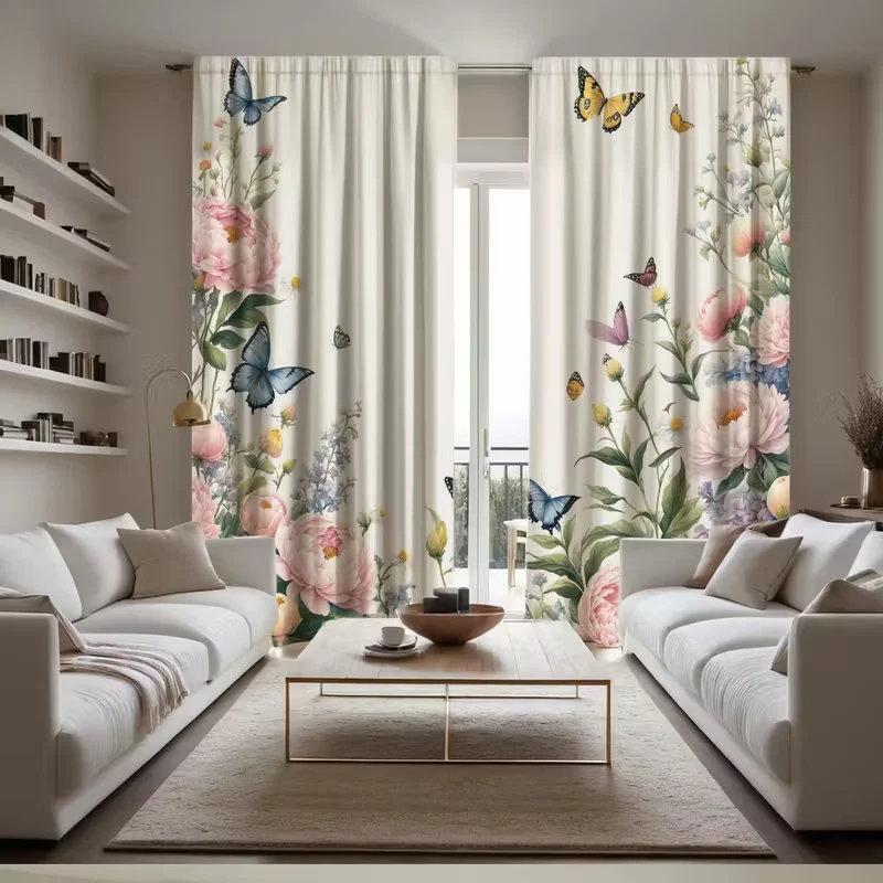 2 Stück romantische Vorhänge mit Blumenmuster und Schmetterlings- und Pfingstrosenmuster, entworfen zur Lichtblockierung, hochwertiges Material, geeignet für Wohnzimmer
