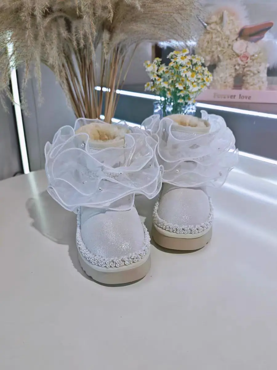 

Fashionable pearl lace beaded sweet snow boots, thick-soled fur one-piece thickened women's cotton shoes 35-40