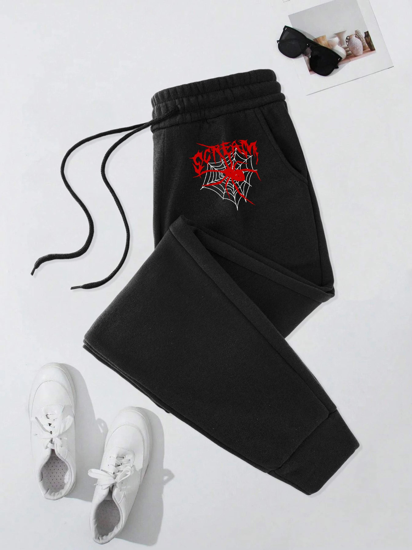 

Scream Spider Web Printed Men Fleece Long Pant Drawstring Pocket Men'S Trousers Street Soft Sportpants Autumn Fashion Joggers