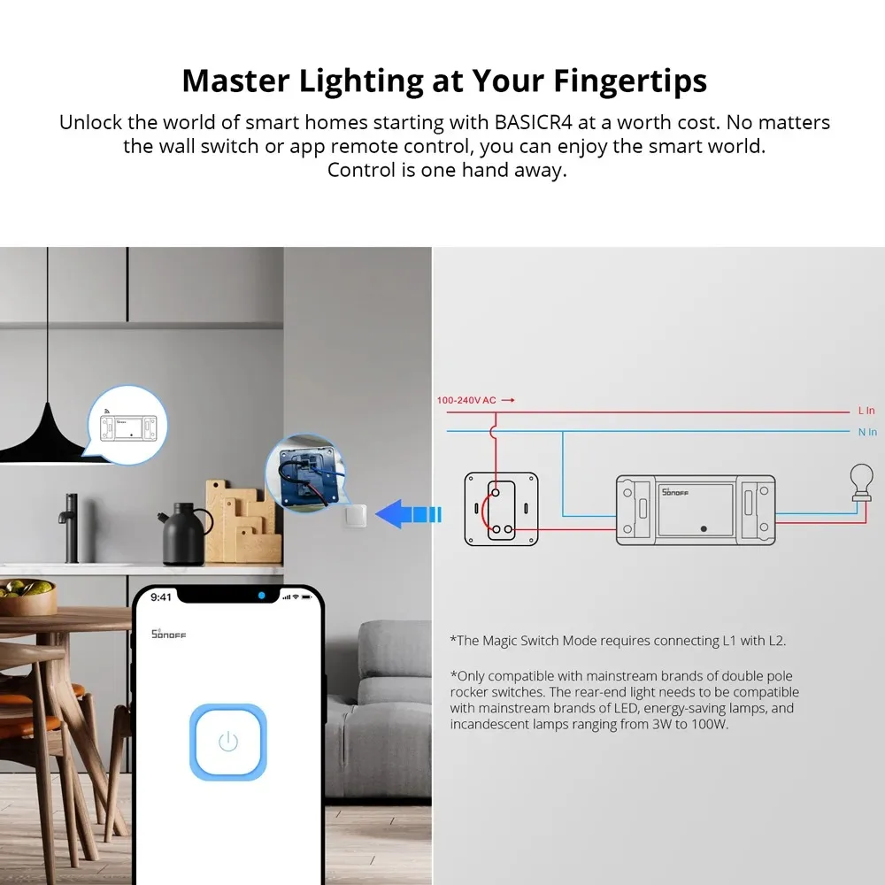 SONOFF BASICR4 WiFi Smart Switch ESP32 Magic Switch Mode Reliable Safe EWeLink Remote Control with S-MATE2 Alexa Google