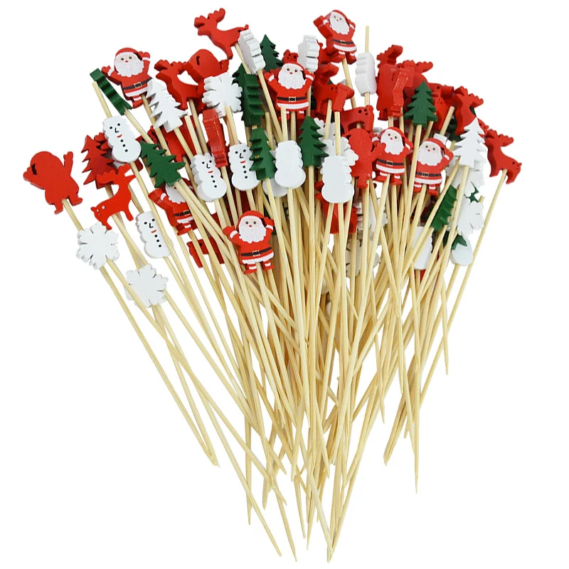 

100pcs Fancy Cocktail Picks Bamboo Fruit Food Festive Toothpicks Appetizer Skewers Wooden Sticks with Christmas Trees on TheTop