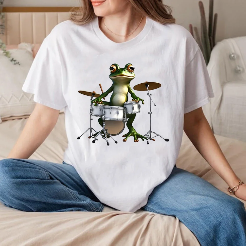 A Frog Playing A Drum Set Funny Graphic T Shirts Summer Cotton Crew Neck Women MUSICIANS Shirt Vintage Clothes Tees Ropa Mujer