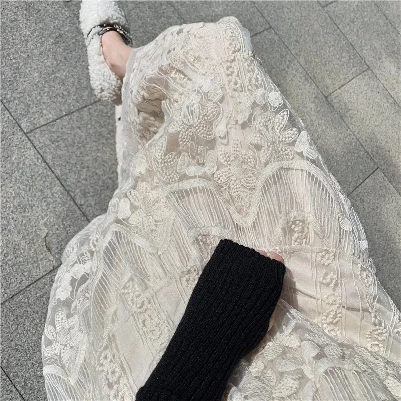 Embroidered Flower Lace Skirt Spring Summer Women High Waist Boho Beach Long Skirts Vintage Pletaed Gauze Skirt Sweet Beige L622