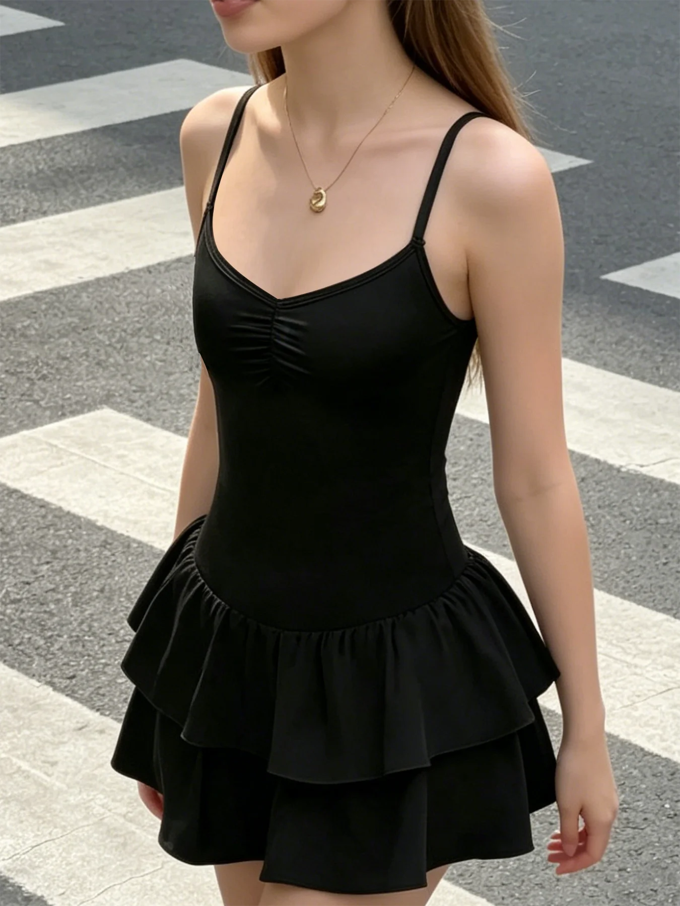Teen Girls Cami Dress Spaghetti Strap Tiered Ruffle Black 13-16Y Summer Birthday Party Casual Daily Vacation Park Cute Sundress