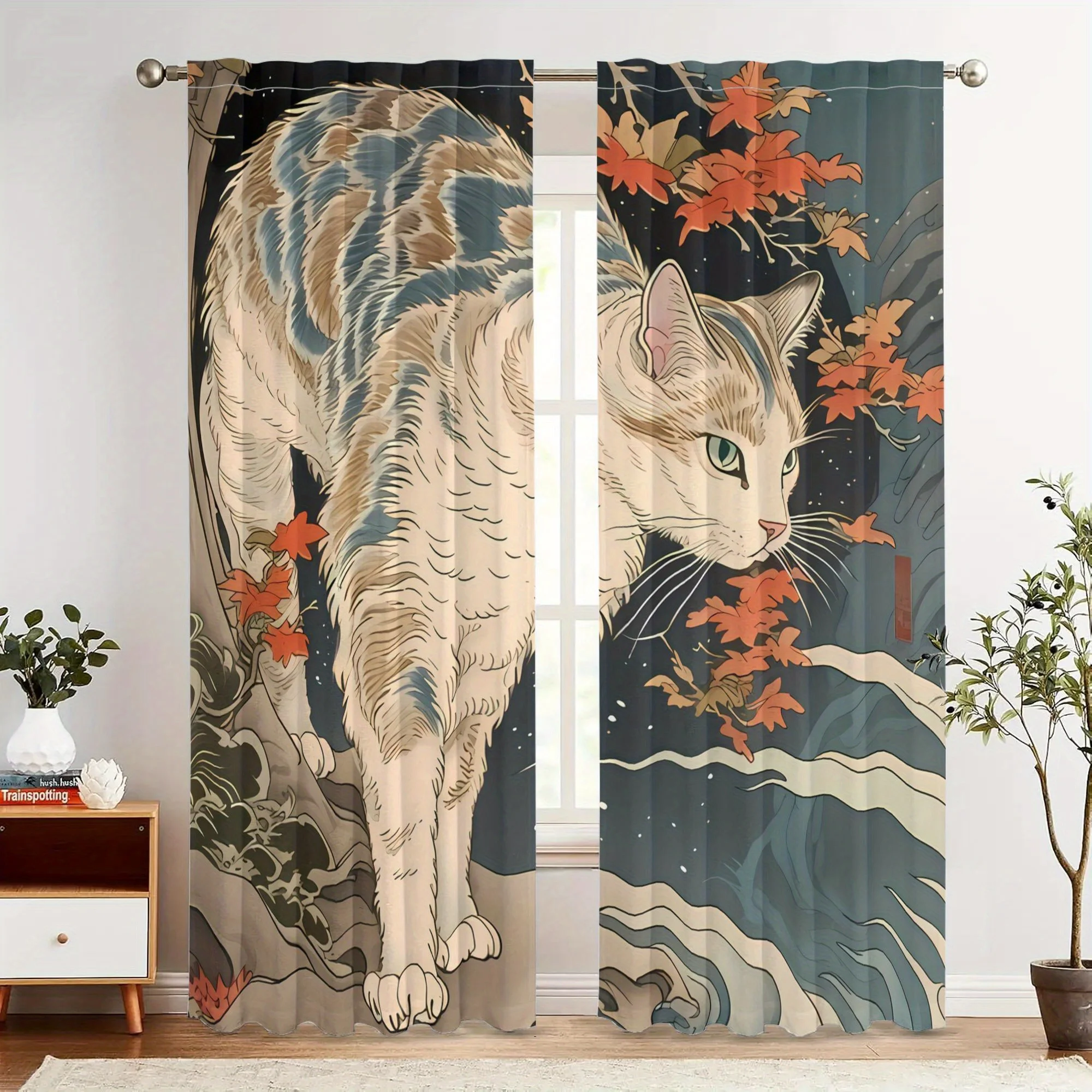 2pcs Flying Bulldog Art Curtain - Japanese-Inspired Cat & Autumn Leaves Design in Teal, Dark Background, Light Blocking Windo
