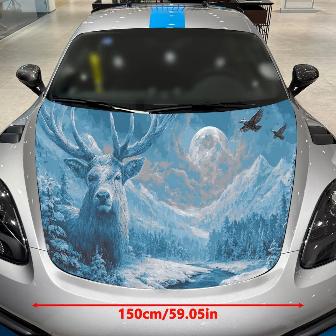 Snowy Mountains, Rivers and Spirit Deer & Eagle Car Vinyl Wrap, PVC Material Waterproof Car Hood Sticker, Self-Adhesive Scratch-