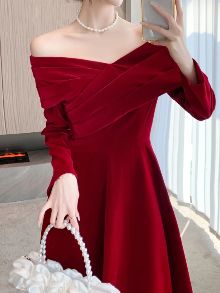 Elegant Women Casual A-Line Party Red Dress Long Sleeve Vintage Chic Prom Birthday Dresses Female Fashion Robe Vestidos Spring