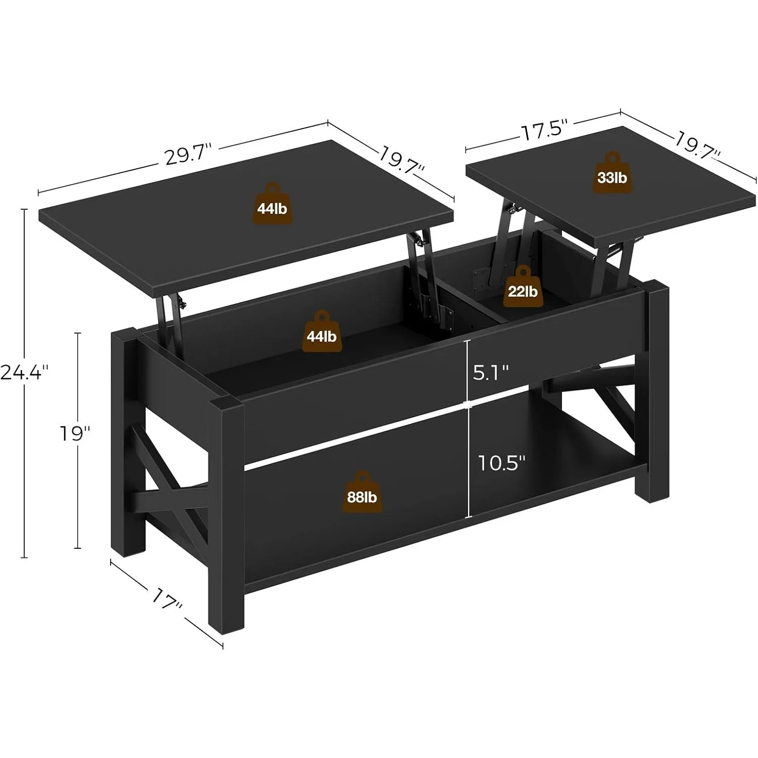 Table basse 47,2", table centrale de ferme à plateau relevable à 2 voies avec compartiment caché, étagère ouverte et X Support en bois pour le salon ﻿